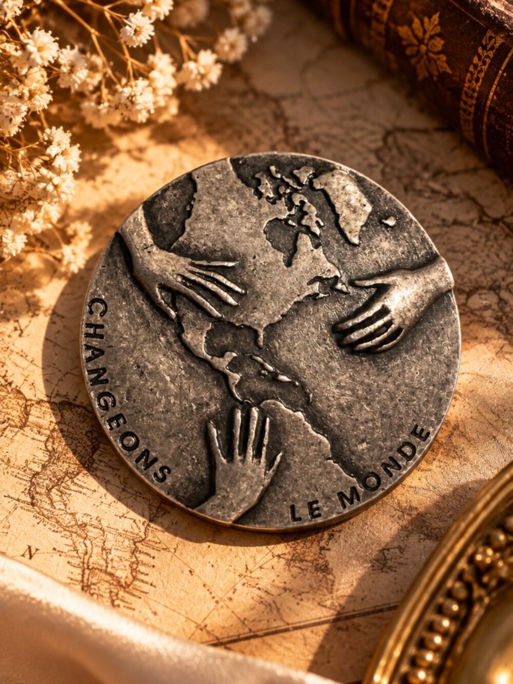 Vintage Changeons Le Monde World Peace Medallion – Hands Holding Earth